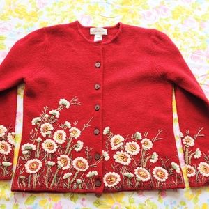 Susan Bristol Sweater. Rare red cardigan with Hand Embroidered Flowers. Medium